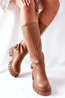 Wysokie Brązowe Kozaki z Łańcuchem Teardown Damskie Kozaki Ocieplane|Kozaki Płaskie