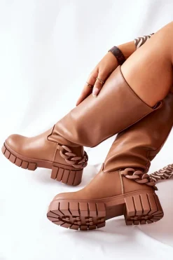 Wysokie Brązowe Kozaki z Łańcuchem Teardown Damskie Kozaki Ocieplane|Kozaki Płaskie