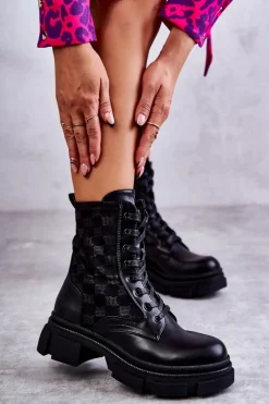 Outlet Boto Wysokie Damskie Botki Wiązane Czarne Verlon