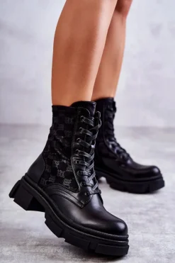 Outlet Boto Wysokie Damskie Botki Wiązane Czarne Verlon