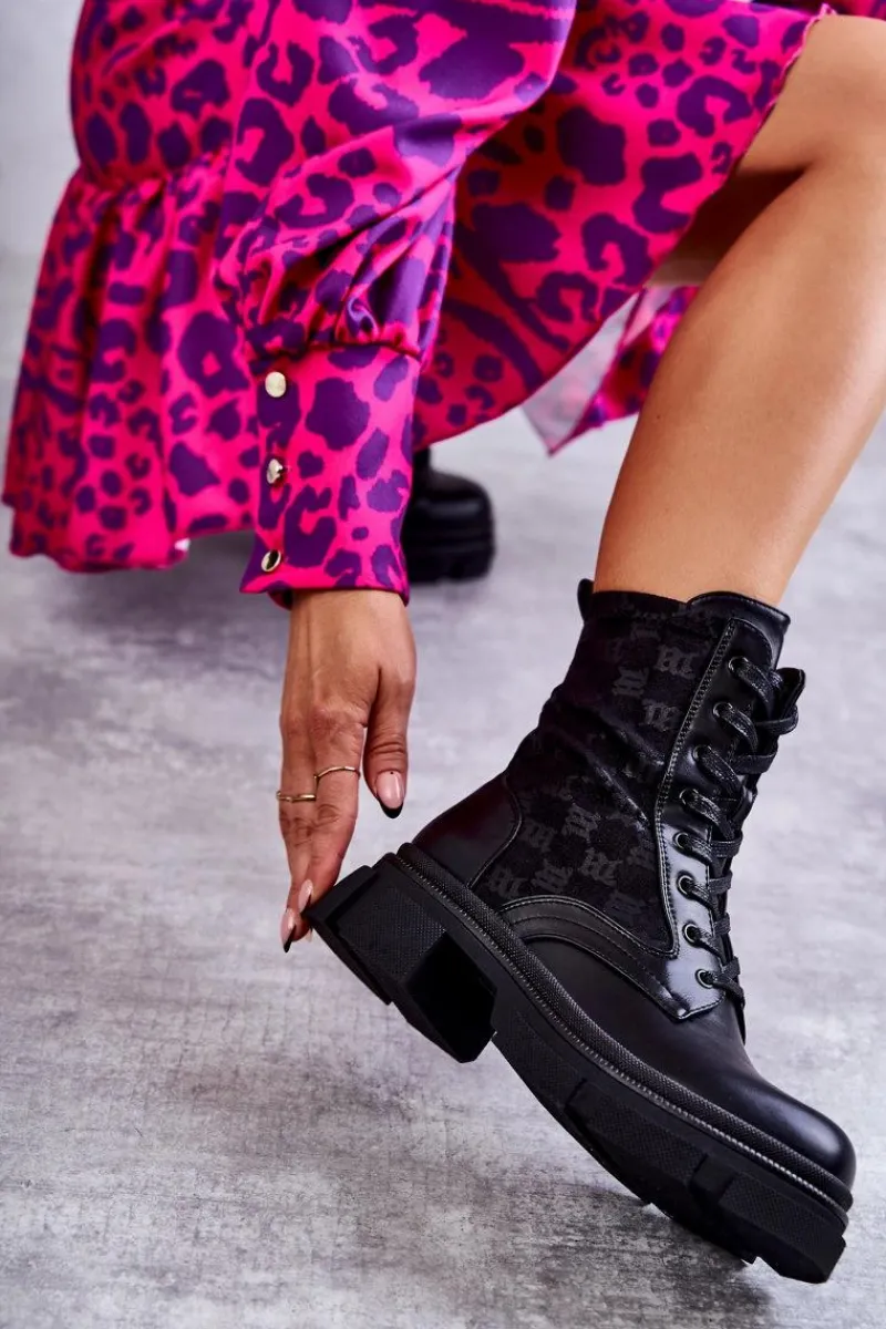 Outlet Boto Wysokie Damskie Botki Wiązane Czarne Verlon