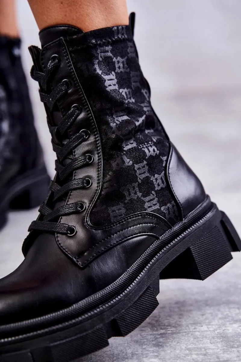 Outlet Boto Wysokie Damskie Botki Wiązane Czarne Verlon