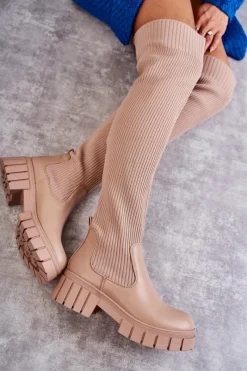 Sale Wysokie Damskie Kozaki Za Kolano Beżowe Austin Damskie Muszkieterki|Kozaki Wiosenne