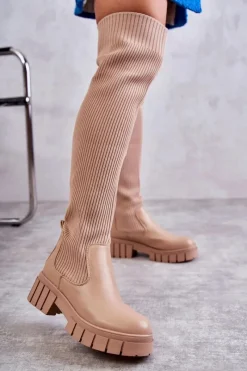 Sale Wysokie Damskie Kozaki Za Kolano Beżowe Austin Damskie Muszkieterki|Kozaki Wiosenne