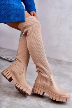 Sale Wysokie Damskie Kozaki Za Kolano Beżowe Austin Damskie Muszkieterki|Kozaki Wiosenne