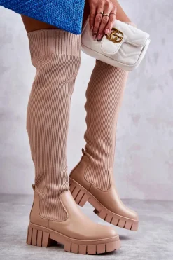 Sale Wysokie Damskie Kozaki Za Kolano Beżowe Austin Damskie Muszkieterki|Kozaki Wiosenne