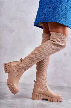 Sale Wysokie Damskie Kozaki Za Kolano Beżowe Austin Damskie Muszkieterki|Kozaki Wiosenne