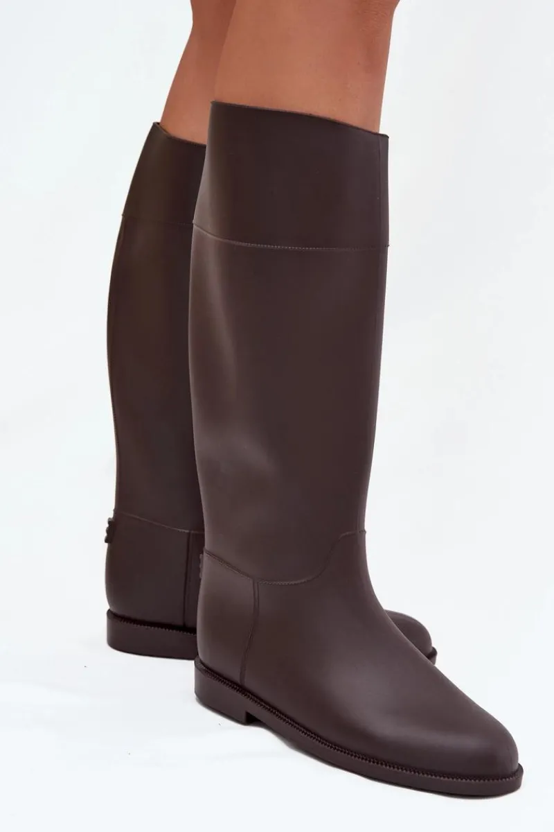 Kalosze Damskie>Boto Wysokie Kalosze Damskie Na Płaskim Obcasie Czekoladowe Melianne