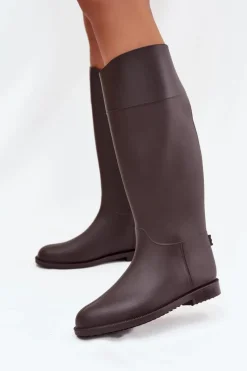 Kalosze Damskie>Boto Wysokie Kalosze Damskie Na Płaskim Obcasie Czekoladowe Melianne