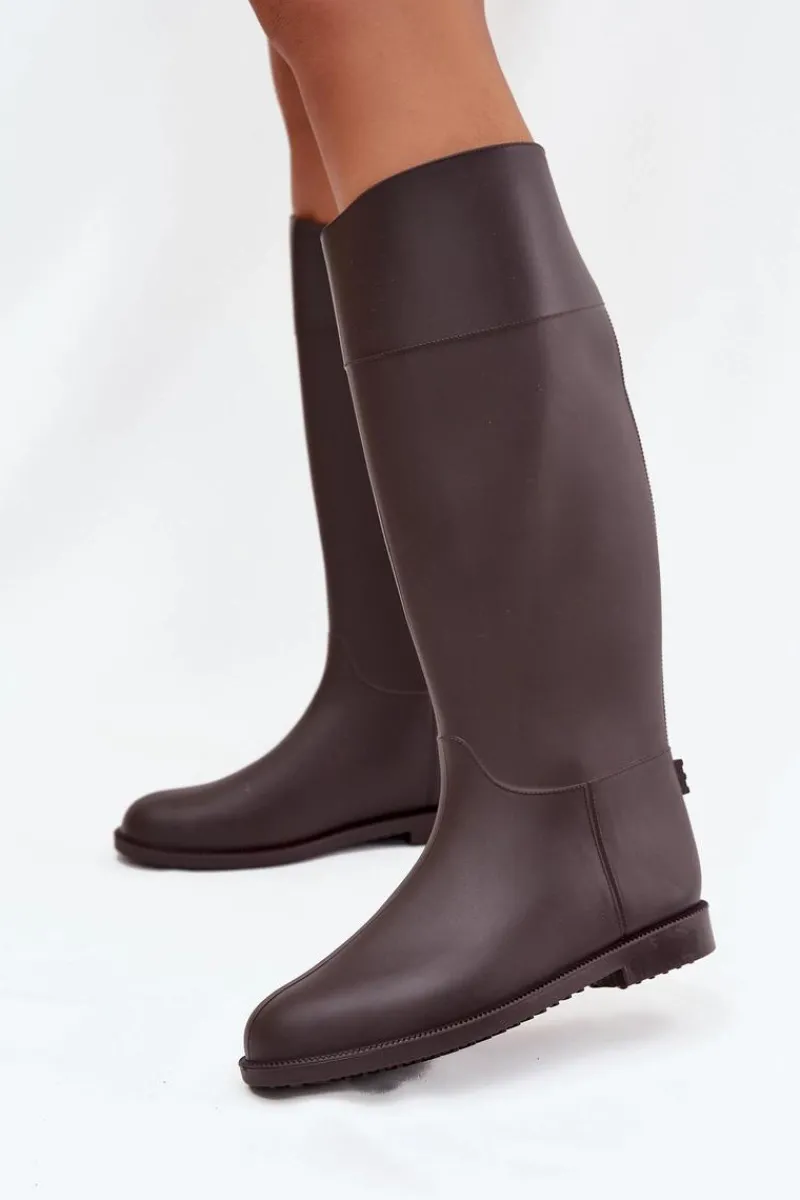 Kalosze Damskie>Boto Wysokie Kalosze Damskie Na Płaskim Obcasie Czekoladowe Melianne