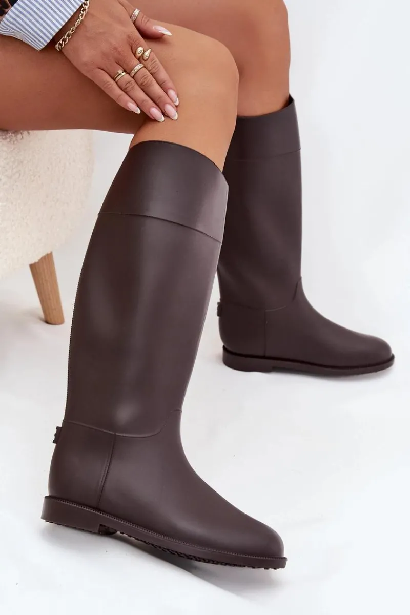 Kalosze Damskie>Boto Wysokie Kalosze Damskie Na Płaskim Obcasie Czekoladowe Melianne