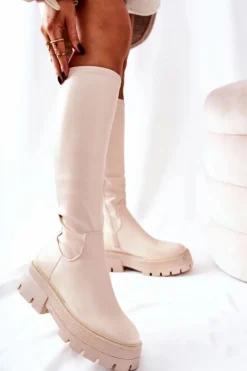 Discount Boto Wysokie Kozaki Beżowe Hemera