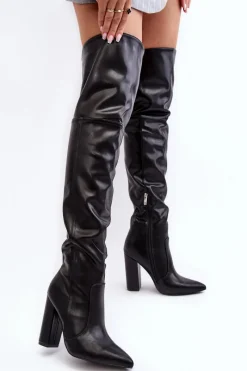 Discount Wysokie Kozaki Damskie Za Kolano Na Słupku Czarne Jeine Damskie Muszkieterki|Kozaki Za Kolano