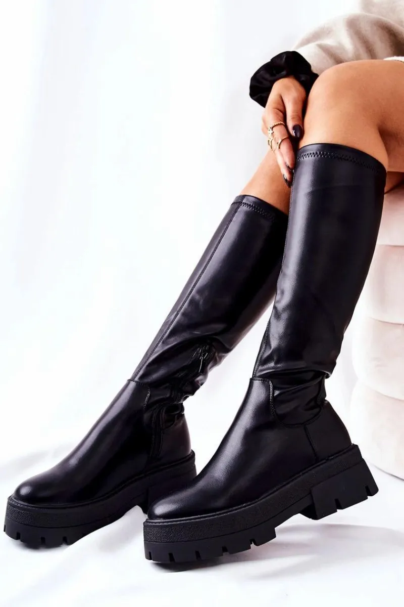 Best Wysokie Kozaki Hemera Czarne Damskie Kozaki Płaskie|Kozaki Przed Kolano