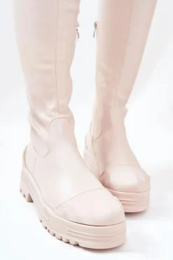 Boto Wysokie Kozaki Na Suwak Beżowe Charmaine