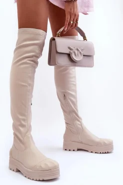 Wysokie Kozaki Na Suwak Beżowe Dudesa Damskie Muszkieterki|Kozaki Za Kolano