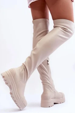 Wysokie Kozaki Na Suwak Beżowe Dudesa Damskie Muszkieterki|Kozaki Za Kolano