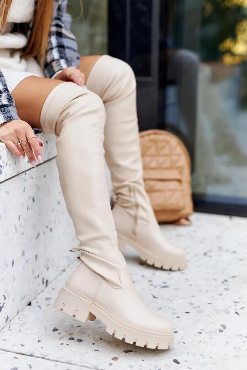 Hot Boto Wysokie Kozaki Z Ozdobnym Elementem Beżowe Masha