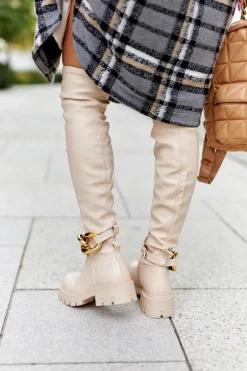 Hot Boto Wysokie Kozaki Z Ozdobnym Elementem Beżowe Masha