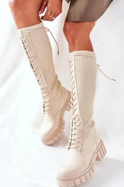 New Boto Wysokie Kozaki ze Skarpetą Beżowe Monteri