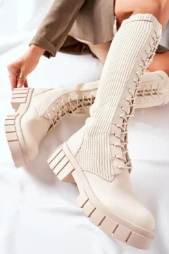 New Boto Wysokie Kozaki ze Skarpetą Beżowe Monteri