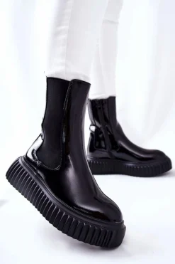 Hot Wysokie Lakierowane Botki Na Platformie Czarne Sereia Damskie Botki Ocieplane|Czarne Botki