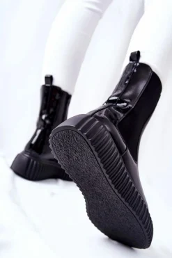 Hot Wysokie Lakierowane Botki Na Platformie Czarne Sereia Damskie Botki Ocieplane|Czarne Botki