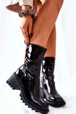 Online Wysokie Lakierowane Botki Na Obcasie Czarne Merelien Damskie Botki Na Słupku|Czarne Botki