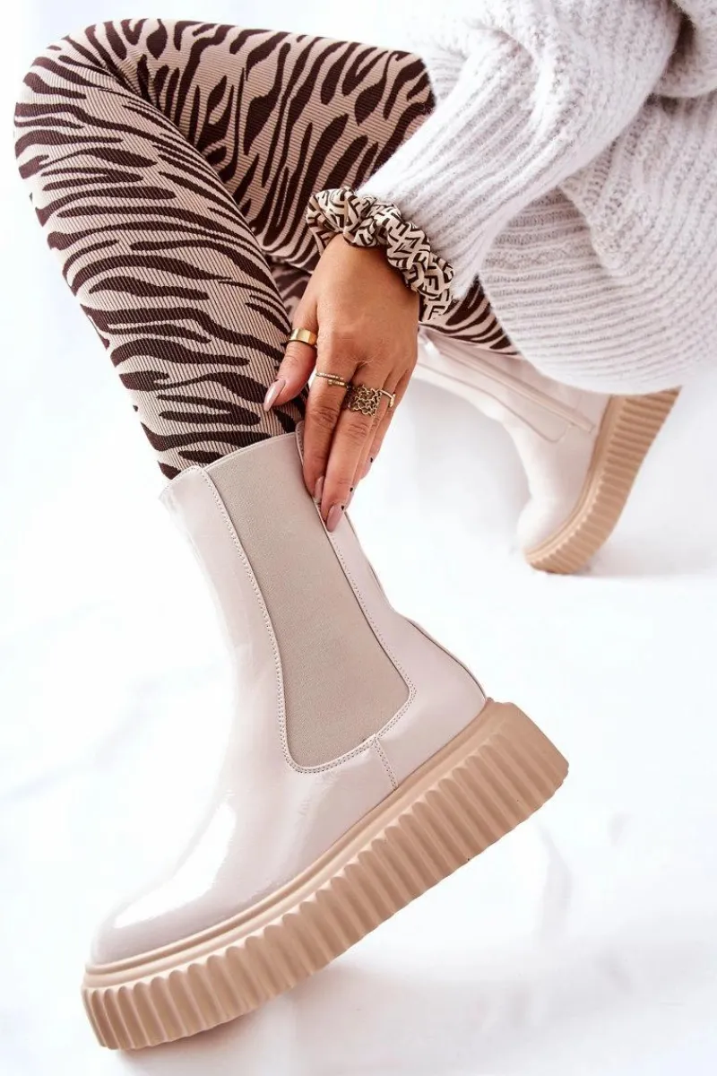 Hot Wysokie Lakierowane Botki Na Platformie Beżowe Sereia Damskie Botki Ocieplane|Czarne Botki