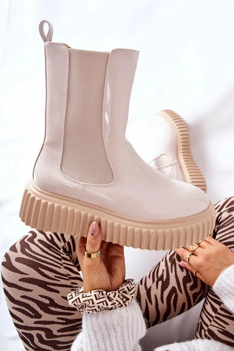 Hot Wysokie Lakierowane Botki Na Platformie Beżowe Sereia Damskie Botki Ocieplane|Czarne Botki