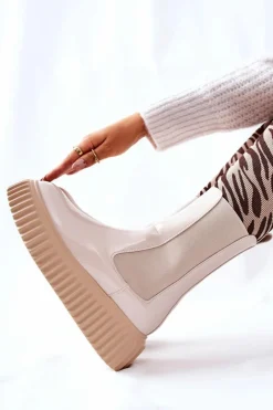 Hot Wysokie Lakierowane Botki Na Platformie Beżowe Sereia Damskie Botki Ocieplane|Czarne Botki