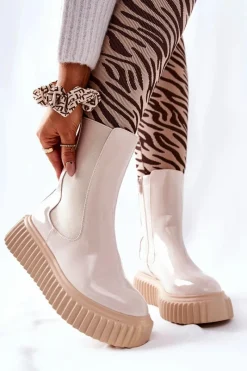 Hot Wysokie Lakierowane Botki Na Platformie Beżowe Sereia Damskie Botki Ocieplane|Czarne Botki