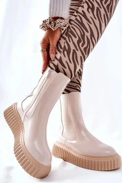 Hot Wysokie Lakierowane Botki Na Platformie Beżowe Sereia Damskie Botki Ocieplane|Czarne Botki