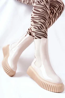 Hot Wysokie Lakierowane Botki Na Platformie Beżowe Sereia Damskie Botki Ocieplane|Czarne Botki