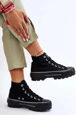 Clearance Big Star Shoes Wysokie Materiałowe Trampki Na Platformie Big Star LL274155 Czarne