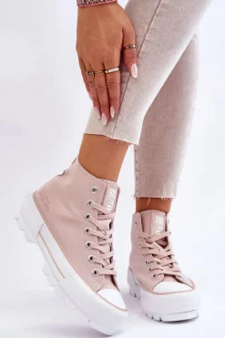 Hot Big Star Shoes Wysokie Materiałowe Trampki Na Platformie Big Star LL274157 Nude Różowy