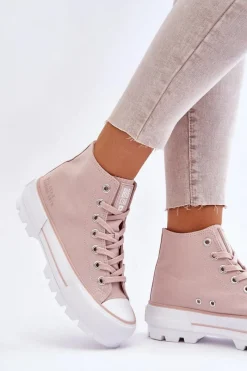 Hot Big Star Shoes Wysokie Materiałowe Trampki Na Platformie Big Star LL274157 Nude Różowy