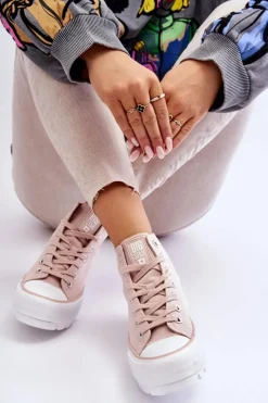 Hot Big Star Shoes Wysokie Materiałowe Trampki Na Platformie Big Star LL274157 Nude Różowy