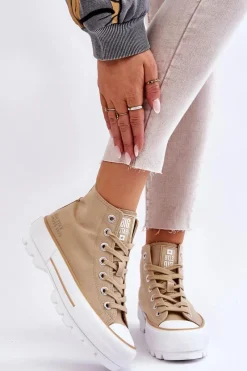 Trampki Damskie Big Star|Trampki Damskie Wysokie>Big Star Shoes Wysokie Materiałowe Trampki Na Platformie Big Star LL274160 Beżowe