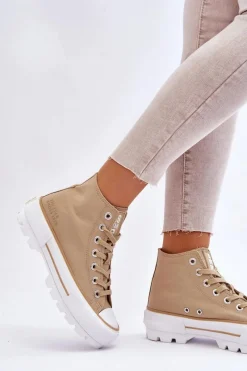 Trampki Damskie Big Star|Trampki Damskie Wysokie></noscript>Big Star Shoes Wysokie Materiałowe Trampki Na Platformie Big Star LL274160 Beżowe