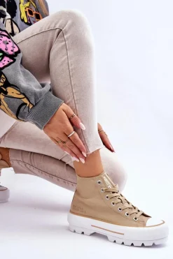 Trampki Damskie Big Star|Trampki Damskie Wysokie></noscript>Big Star Shoes Wysokie Materiałowe Trampki Na Platformie Big Star LL274160 Beżowe