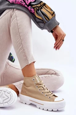 Trampki Damskie Big Star|Trampki Damskie Wysokie></noscript>Big Star Shoes Wysokie Materiałowe Trampki Na Platformie Big Star LL274160 Beżowe