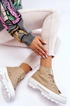 Trampki Damskie Big Star|Trampki Damskie Wysokie></noscript>Big Star Shoes Wysokie Materiałowe Trampki Na Platformie Big Star LL274160 Beżowe