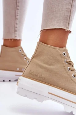 Trampki Damskie Big Star|Trampki Damskie Wysokie></noscript>Big Star Shoes Wysokie Materiałowe Trampki Na Platformie Big Star LL274160 Beżowe