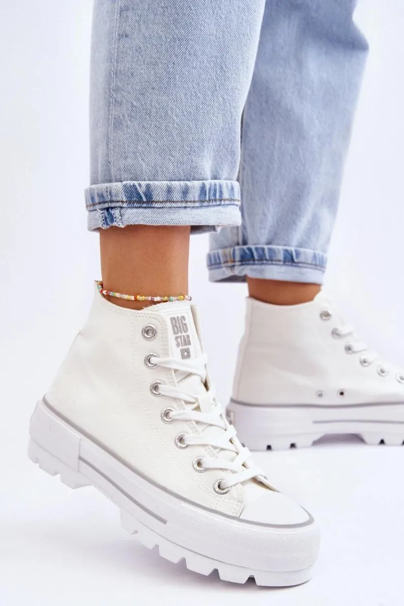 Big Star Shoes Wysokie Materiałowe Trampki Na Platformie Big Star LL274156 Białe Biały