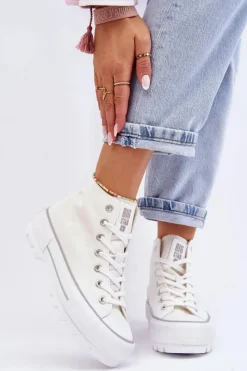 Big Star Shoes Wysokie Materiałowe Trampki Na Platformie Big Star LL274156 Białe Biały