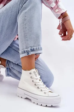 Big Star Shoes Wysokie Materiałowe Trampki Na Platformie Big Star LL274156 Białe Biały