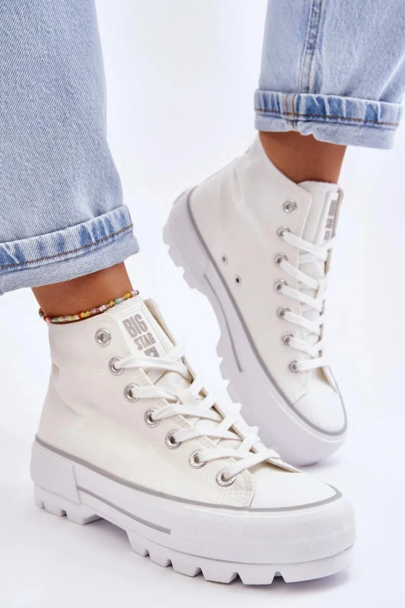 Big Star Shoes Wysokie Materiałowe Trampki Na Platformie Big Star LL274156 Białe Biały