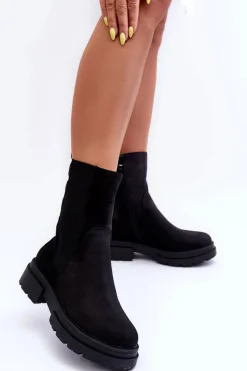 Czarne Botki|Botki Zimowe Damskie>Boto Wysokie Ocieplane Botki Sztyblety Wsuwane Nubuk Czarne Milca