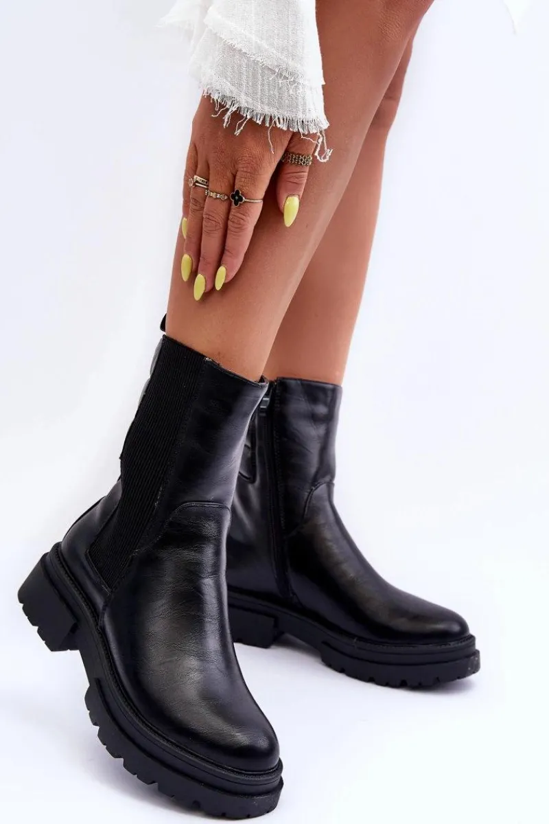 Hot Wysokie Ocieplane Botki Sztyblety Wsuwane Czarne Milca Damskie Czarne Botki|Botki Zimowe Damskie